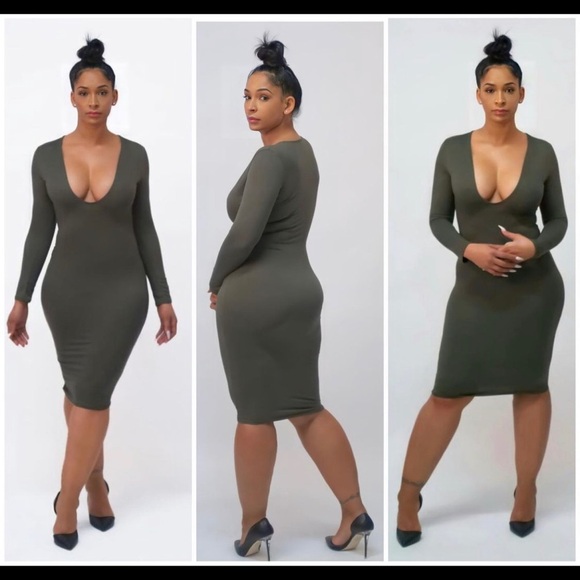 Bodycon midi dress with deep V-neck - Picture 1 of 2